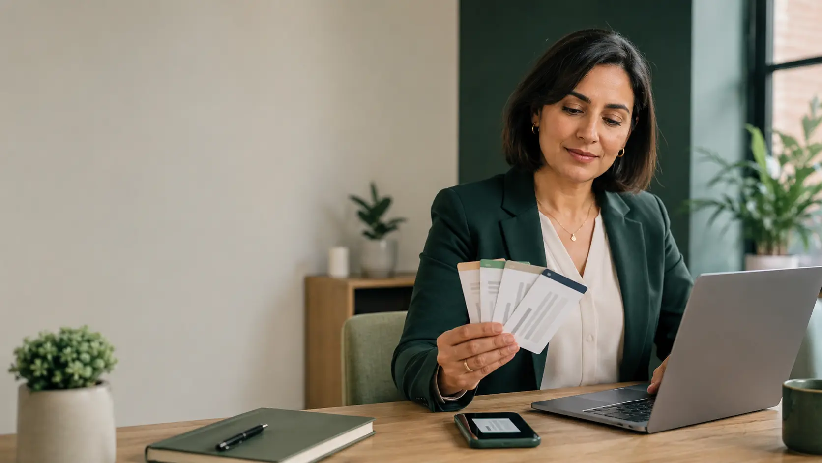 A professional reviewing certificate records beside a laptop